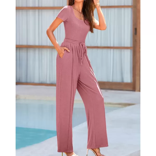 imageBTFBM Womens Casual 2 Pieces Outfits Square Neck Short Sleeve Shapewear Bodysuit Drawstring Pants Knit Matching SetsSolid Pink