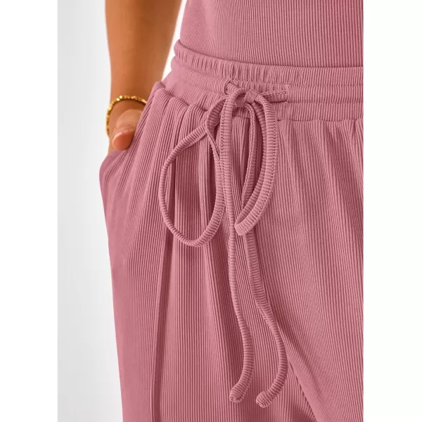 imageBTFBM Womens Casual 2 Pieces Outfits Square Neck Short Sleeve Shapewear Bodysuit Drawstring Pants Knit Matching SetsSolid Pink
