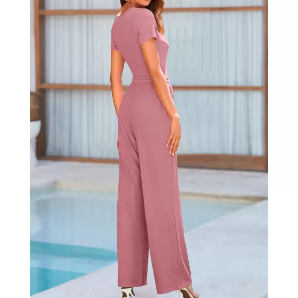 imageBTFBM Womens Casual 2 Pieces Outfits Square Neck Short Sleeve Shapewear Bodysuit Drawstring Pants Knit Matching SetsSolid Pink