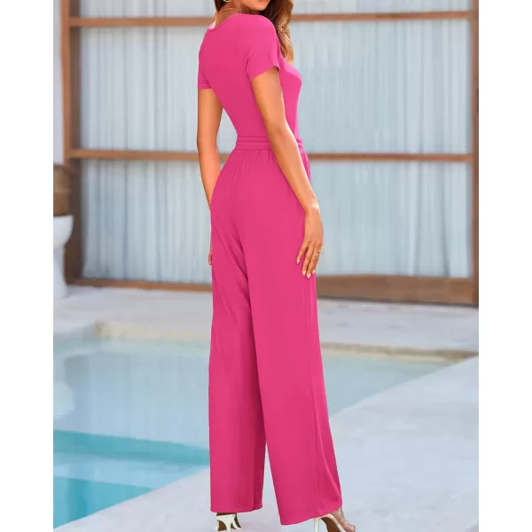 imageBTFBM Womens Casual 2 Pieces Outfits Square Neck Short Sleeve Shapewear Bodysuit Drawstring Pants Knit Matching SetsSolid Rose Red