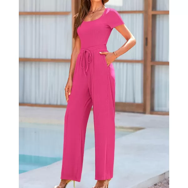 imageBTFBM Womens Casual 2 Pieces Outfits Square Neck Short Sleeve Shapewear Bodysuit Drawstring Pants Knit Matching SetsSolid Rose Red