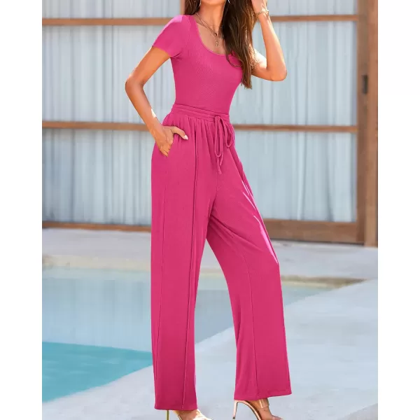 imageBTFBM Womens Casual 2 Pieces Outfits Square Neck Short Sleeve Shapewear Bodysuit Drawstring Pants Knit Matching SetsSolid Rose Red