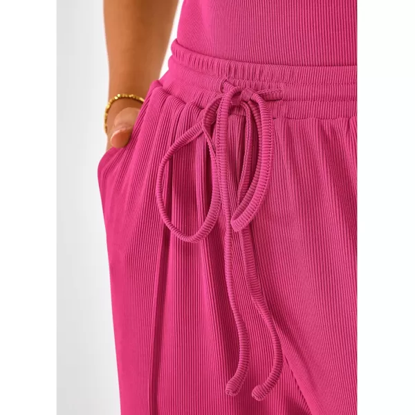 imageBTFBM Womens Casual 2 Pieces Outfits Square Neck Short Sleeve Shapewear Bodysuit Drawstring Pants Knit Matching SetsSolid Rose Red