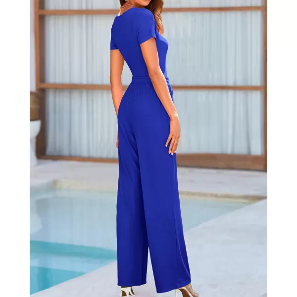 imageBTFBM Womens Casual 2 Pieces Outfits Square Neck Short Sleeve Shapewear Bodysuit Drawstring Pants Knit Matching SetsSolid Royal Blue