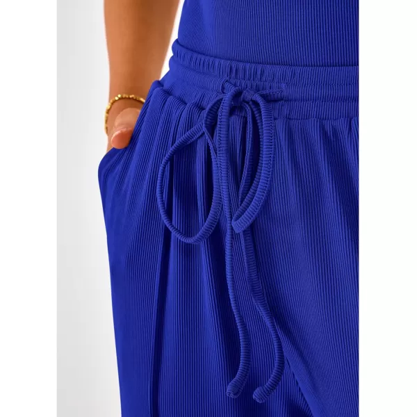 imageBTFBM Womens Casual 2 Pieces Outfits Square Neck Short Sleeve Shapewear Bodysuit Drawstring Pants Knit Matching SetsSolid Royal Blue