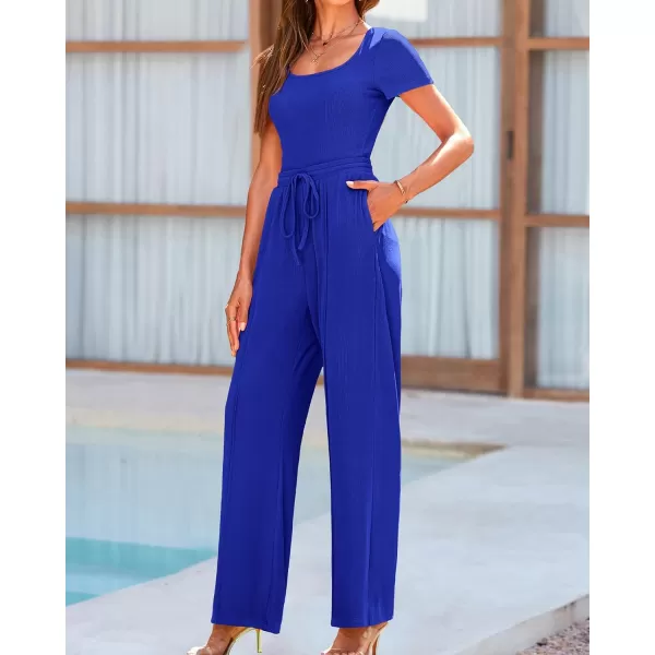 imageBTFBM Womens Casual 2 Pieces Outfits Square Neck Short Sleeve Shapewear Bodysuit Drawstring Pants Knit Matching SetsSolid Royal Blue