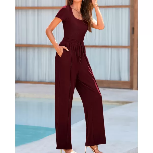 imageBTFBM Womens Casual 2 Pieces Outfits Square Neck Short Sleeve Shapewear Bodysuit Drawstring Pants Knit Matching SetsSolid Wine Red