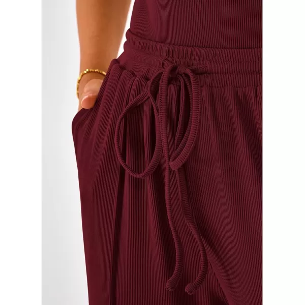 imageBTFBM Womens Casual 2 Pieces Outfits Square Neck Short Sleeve Shapewear Bodysuit Drawstring Pants Knit Matching SetsSolid Wine Red