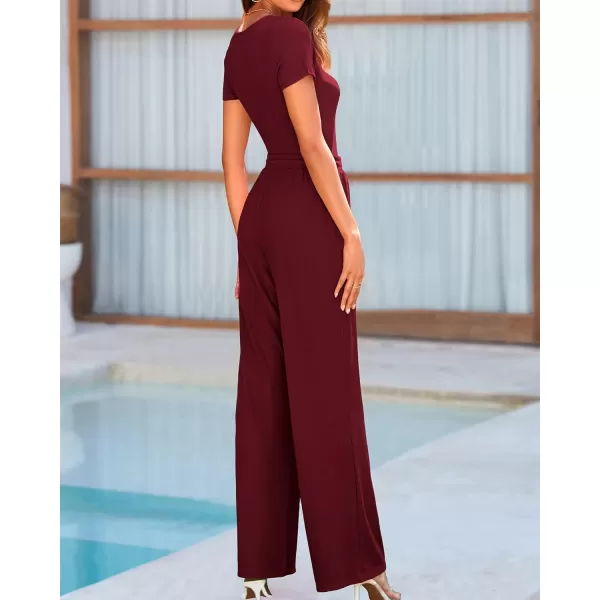 imageBTFBM Womens Casual 2 Pieces Outfits Square Neck Short Sleeve Shapewear Bodysuit Drawstring Pants Knit Matching SetsSolid Wine Red