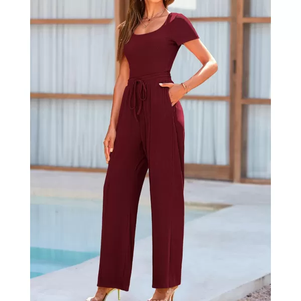 imageBTFBM Womens Casual 2 Pieces Outfits Square Neck Short Sleeve Shapewear Bodysuit Drawstring Pants Knit Matching SetsSolid Wine Red