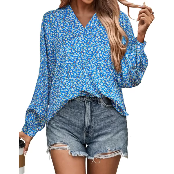 imageBTFBM Womens Casual Boho Blouse Tops Abstract Print Lapel V Neck Lantern Long Sleeve Summer Spring Loose Blouses ShirtsFloral Blue