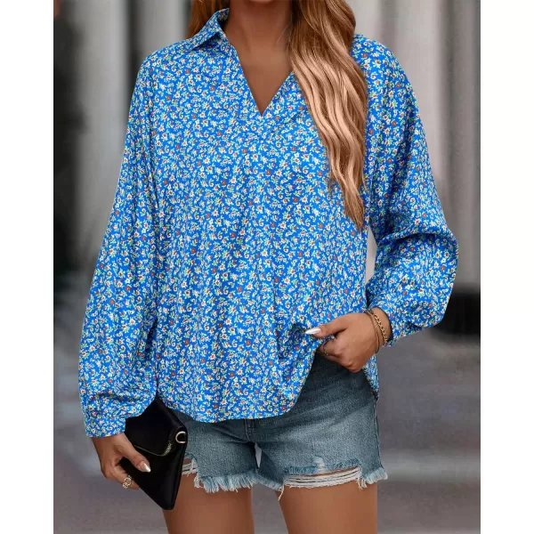 imageBTFBM Womens Casual Boho Blouse Tops Abstract Print Lapel V Neck Lantern Long Sleeve Summer Spring Loose Blouses ShirtsFloral Blue
