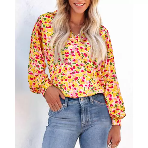 imageBTFBM Womens Casual Boho Blouse Tops Abstract Print Lapel V Neck Lantern Long Sleeve Summer Spring Loose Blouses ShirtsFloral Pink Yellow