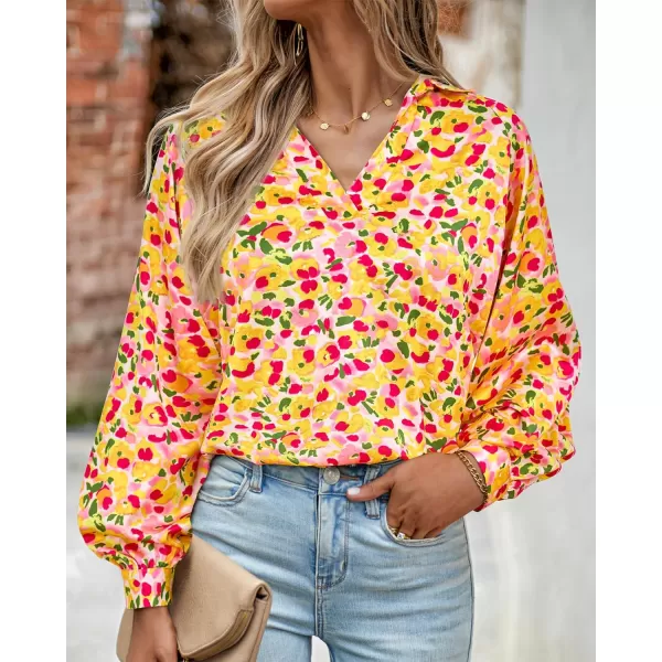 imageBTFBM Womens Casual Boho Blouse Tops Abstract Print Lapel V Neck Lantern Long Sleeve Summer Spring Loose Blouses ShirtsFloral Pink Yellow