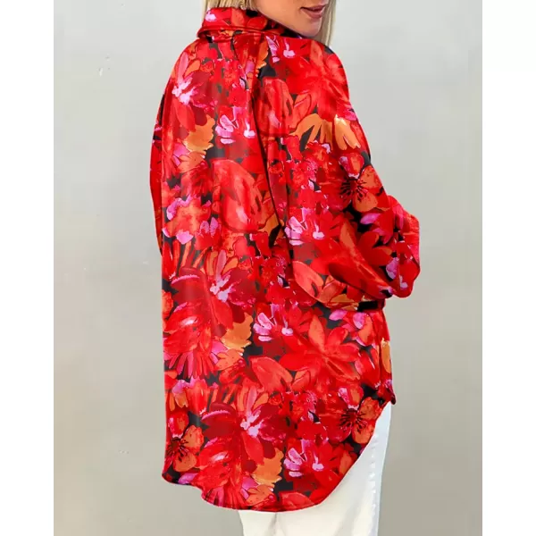 imageBTFBM Womens Casual Boho Blouse Tops Abstract Print Lapel V Neck Lantern Long Sleeve Summer Spring Loose Blouses ShirtsFloral Red Black