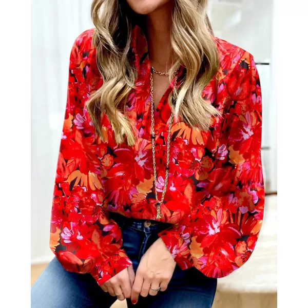 imageBTFBM Womens Casual Boho Blouse Tops Abstract Print Lapel V Neck Lantern Long Sleeve Summer Spring Loose Blouses ShirtsFloral Red Black