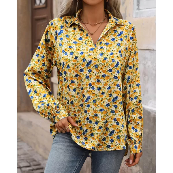 imageBTFBM Womens Casual Boho Blouse Tops Abstract Print Lapel V Neck Lantern Long Sleeve Summer Spring Loose Blouses ShirtsFloral Yellow Blue
