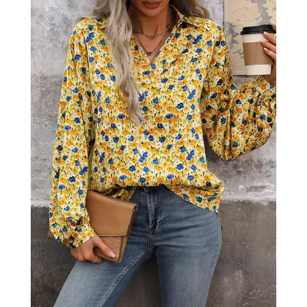 imageBTFBM Womens Casual Boho Blouse Tops Abstract Print Lapel V Neck Lantern Long Sleeve Summer Spring Loose Blouses ShirtsFloral Yellow Blue