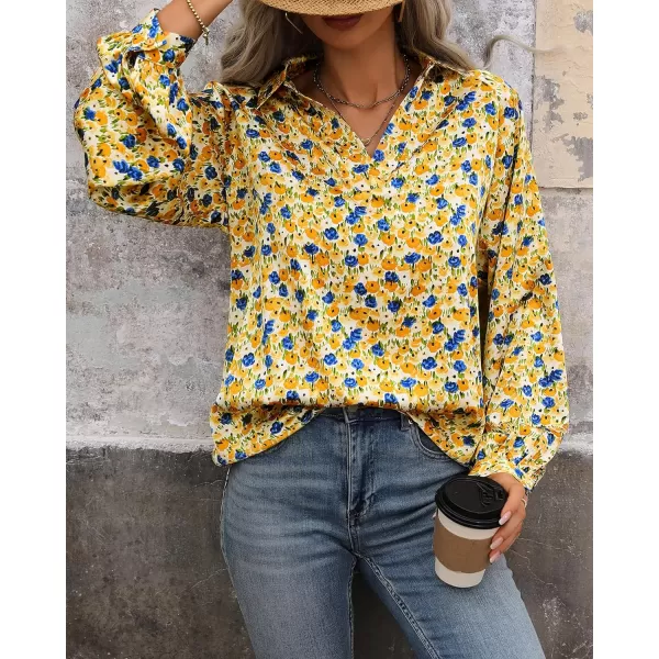 imageBTFBM Womens Casual Boho Blouse Tops Abstract Print Lapel V Neck Lantern Long Sleeve Summer Spring Loose Blouses ShirtsFloral Yellow Blue