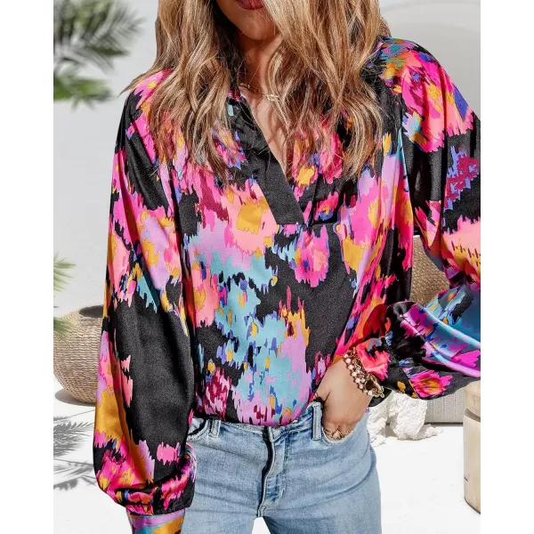 imageBTFBM Womens Casual Boho Blouse Tops Abstract Print Lapel V Neck Lantern Long Sleeve Summer Spring Loose Blouses ShirtsPrint Black
