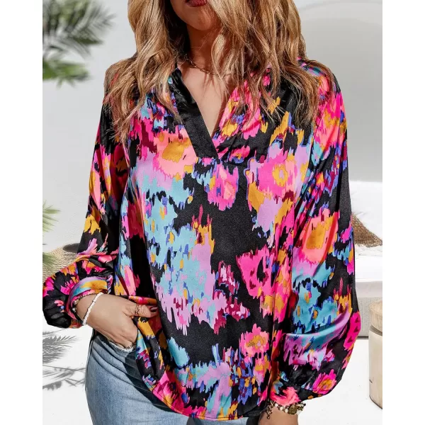 imageBTFBM Womens Casual Boho Blouse Tops Abstract Print Lapel V Neck Lantern Long Sleeve Summer Spring Loose Blouses ShirtsPrint Black