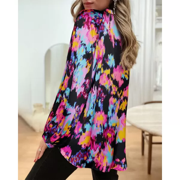 imageBTFBM Womens Casual Boho Blouse Tops Abstract Print Lapel V Neck Lantern Long Sleeve Summer Spring Loose Blouses ShirtsPrint Black