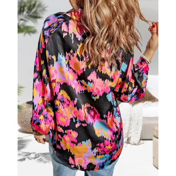 imageBTFBM Womens Casual Boho Blouse Tops Abstract Print Lapel V Neck Lantern Long Sleeve Summer Spring Loose Blouses ShirtsPrint Black