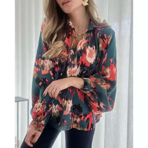 imageBTFBM Womens Casual Boho Blouse Tops Abstract Print Lapel V Neck Lantern Long Sleeve Summer Spring Loose Blouses ShirtsPrint Dark Green