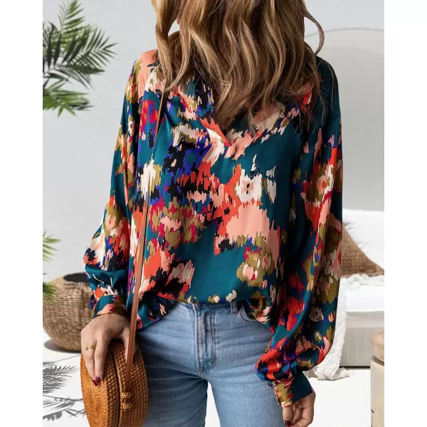 imageBTFBM Womens Casual Boho Blouse Tops Abstract Print Lapel V Neck Lantern Long Sleeve Summer Spring Loose Blouses ShirtsPrint Dark Green