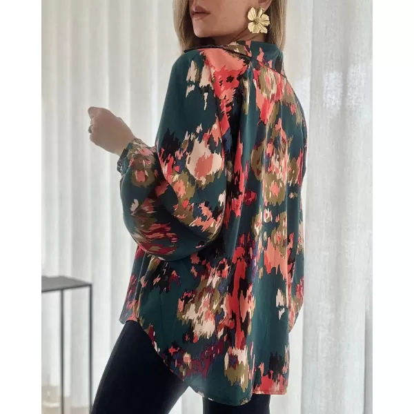 imageBTFBM Womens Casual Boho Blouse Tops Abstract Print Lapel V Neck Lantern Long Sleeve Summer Spring Loose Blouses ShirtsPrint Dark Green