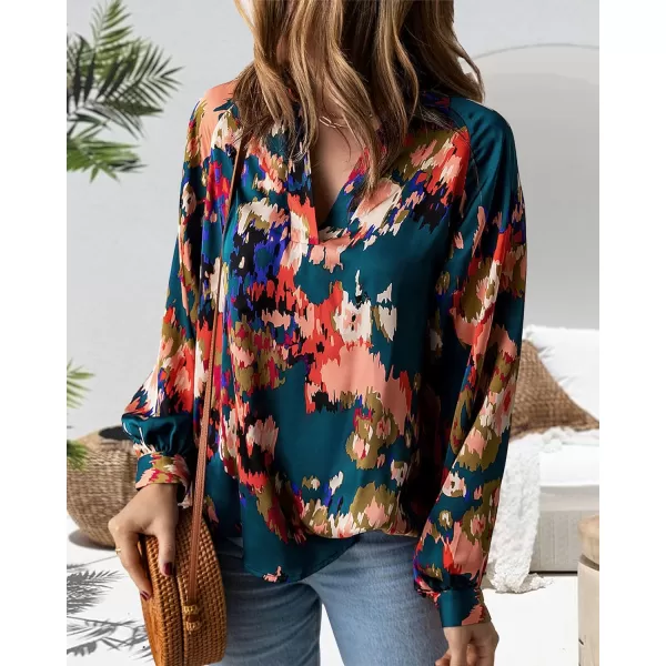 imageBTFBM Womens Casual Boho Blouse Tops Abstract Print Lapel V Neck Lantern Long Sleeve Summer Spring Loose Blouses ShirtsPrint Dark Green