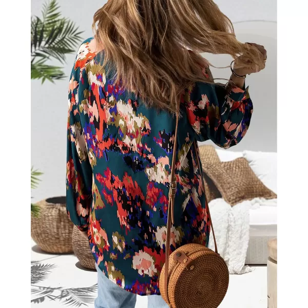 imageBTFBM Womens Casual Boho Blouse Tops Abstract Print Lapel V Neck Lantern Long Sleeve Summer Spring Loose Blouses ShirtsPrint Dark Green
