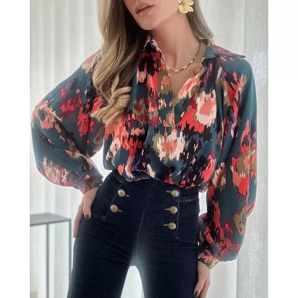 imageBTFBM Womens Casual Boho Blouse Tops Abstract Print Lapel V Neck Lantern Long Sleeve Summer Spring Loose Blouses ShirtsPrint Dark Green
