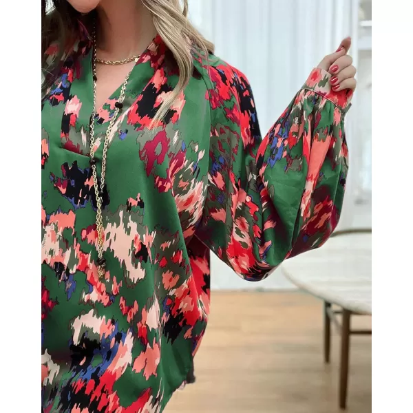 imageBTFBM Womens Casual Boho Blouse Tops Abstract Print Lapel V Neck Lantern Long Sleeve Summer Spring Loose Blouses ShirtsPrint Green