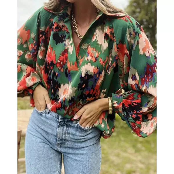 imageBTFBM Womens Casual Boho Blouse Tops Abstract Print Lapel V Neck Lantern Long Sleeve Summer Spring Loose Blouses ShirtsPrint Green
