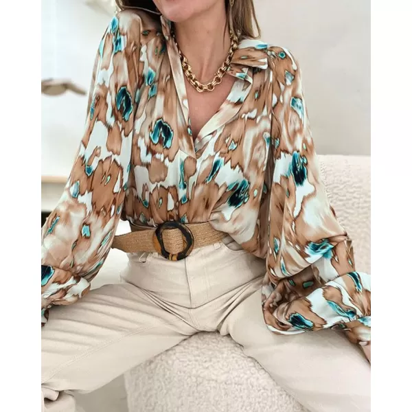 imageBTFBM Womens Casual Boho Blouse Tops Abstract Print Lapel V Neck Lantern Long Sleeve Summer Spring Loose Blouses ShirtsPrint Khaki