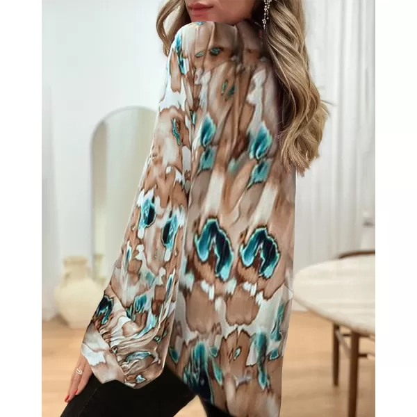 imageBTFBM Womens Casual Boho Blouse Tops Abstract Print Lapel V Neck Lantern Long Sleeve Summer Spring Loose Blouses ShirtsPrint Khaki