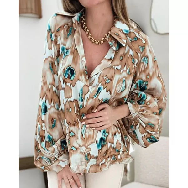 imageBTFBM Womens Casual Boho Blouse Tops Abstract Print Lapel V Neck Lantern Long Sleeve Summer Spring Loose Blouses ShirtsPrint Khaki