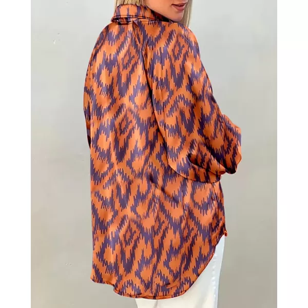 imageBTFBM Womens Casual Boho Blouse Tops Abstract Print Lapel V Neck Lantern Long Sleeve Summer Spring Loose Blouses ShirtsPrint Orange Purple