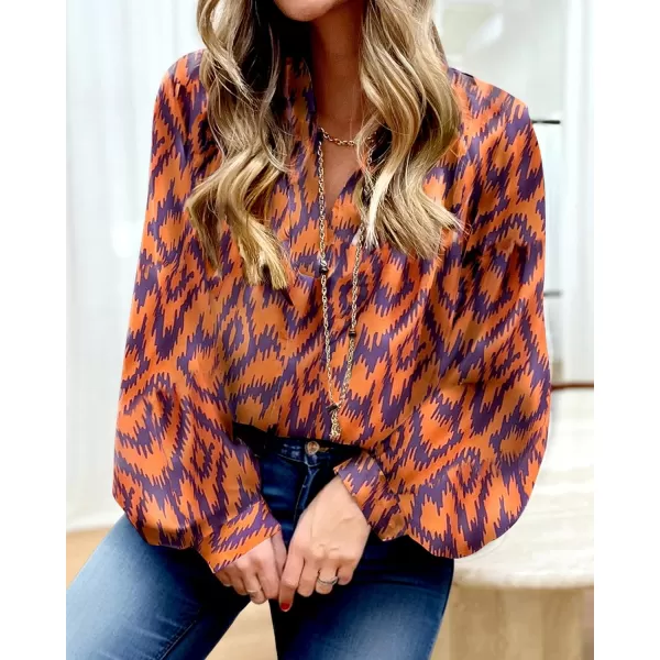 imageBTFBM Womens Casual Boho Blouse Tops Abstract Print Lapel V Neck Lantern Long Sleeve Summer Spring Loose Blouses ShirtsPrint Orange Purple