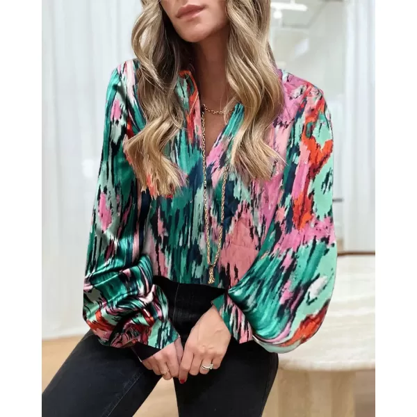 imageBTFBM Womens Casual Boho Blouse Tops Abstract Print Lapel V Neck Lantern Long Sleeve Summer Spring Loose Blouses ShirtsPrint Pink
