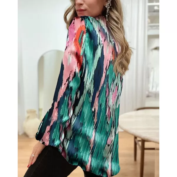 imageBTFBM Womens Casual Boho Blouse Tops Abstract Print Lapel V Neck Lantern Long Sleeve Summer Spring Loose Blouses ShirtsPrint Pink