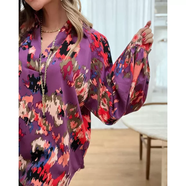 imageBTFBM Womens Casual Boho Blouse Tops Abstract Print Lapel V Neck Lantern Long Sleeve Summer Spring Loose Blouses ShirtsPrint Purple