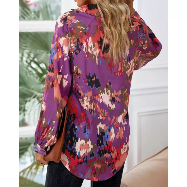 imageBTFBM Womens Casual Boho Blouse Tops Abstract Print Lapel V Neck Lantern Long Sleeve Summer Spring Loose Blouses ShirtsPrint Purple
