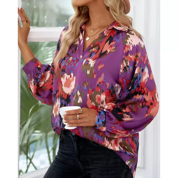 imageBTFBM Womens Casual Boho Blouse Tops Abstract Print Lapel V Neck Lantern Long Sleeve Summer Spring Loose Blouses ShirtsPrint Purple