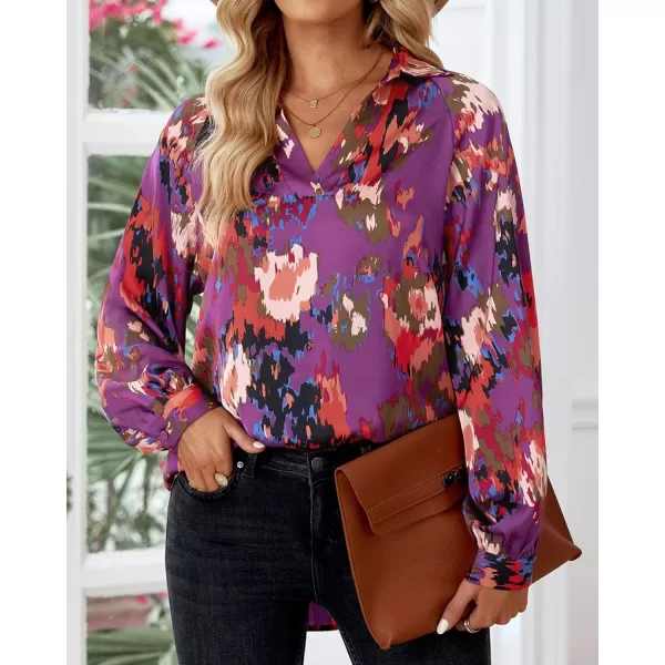 imageBTFBM Womens Casual Boho Blouse Tops Abstract Print Lapel V Neck Lantern Long Sleeve Summer Spring Loose Blouses ShirtsPrint Purple