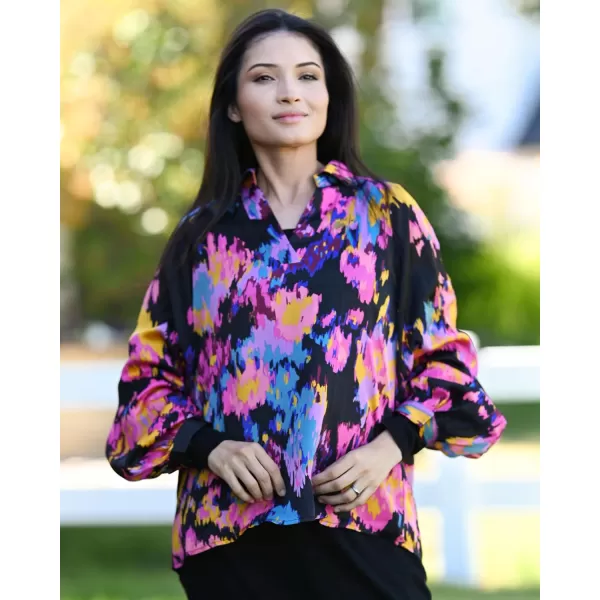 imageBTFBM Womens Casual Boho Blouse Tops Abstract Print V Neck Loose Lantern Long Sleeve 2023 Summer Fall Blouses ShirtsPrint Black