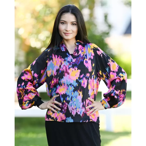 imageBTFBM Womens Casual Boho Blouse Tops Abstract Print V Neck Loose Lantern Long Sleeve 2023 Summer Fall Blouses ShirtsPrint Black