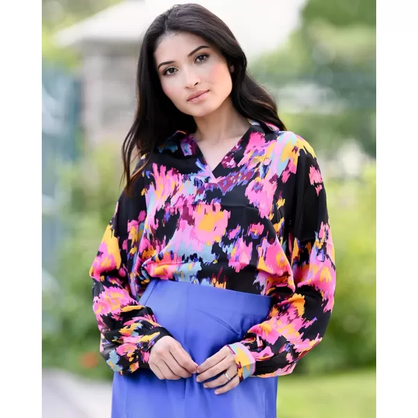 imageBTFBM Womens Casual Boho Blouse Tops Abstract Print V Neck Loose Lantern Long Sleeve 2023 Summer Fall Blouses ShirtsPrint Black