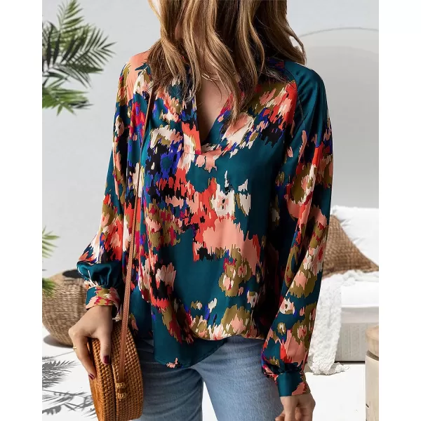 imageBTFBM Womens Casual Boho Blouse Tops Abstract Print V Neck Loose Lantern Long Sleeve 2023 Summer Fall Blouses ShirtsPrint Dark Green